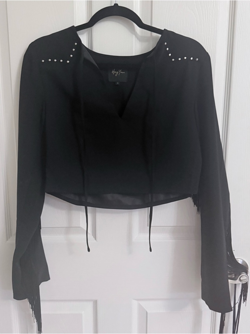 “Hey You” Western Cropped Black Rhinestone-Embellished Fringe Top